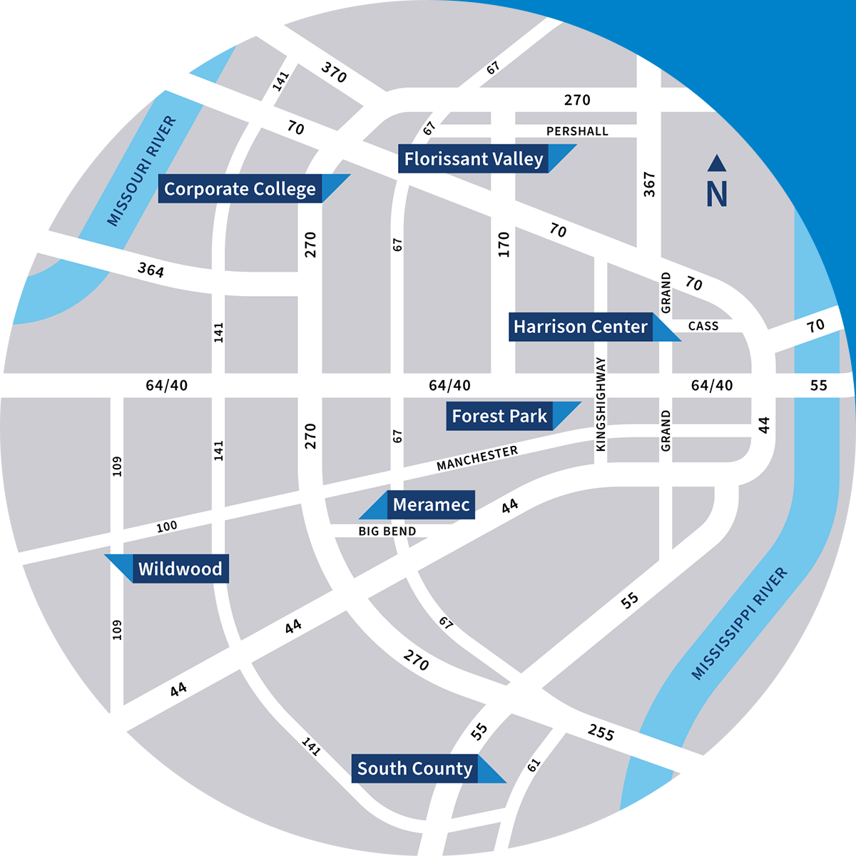 Map of STL with each campus location marked