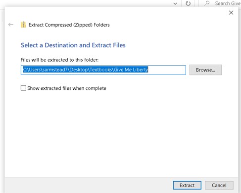 screenshot of file explorer confirming extract to location
