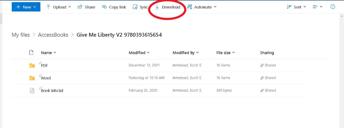 screenshot of file explorer with the download button circled
