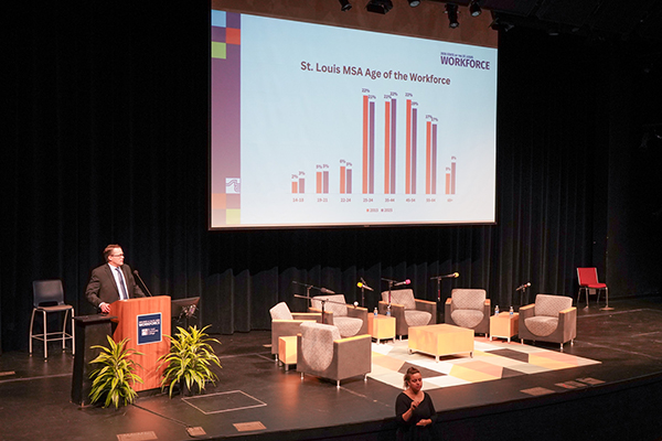 Speaker presenting during the 2026 State of the St. Louis Workforce event at STLCC-Meramec.