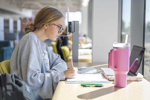 STLCC student studying for exams on laptop in the Meramec library width=