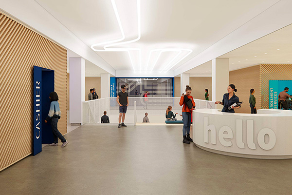 Plan for the newly updated welcome desk at the Florissant Valley campus.
