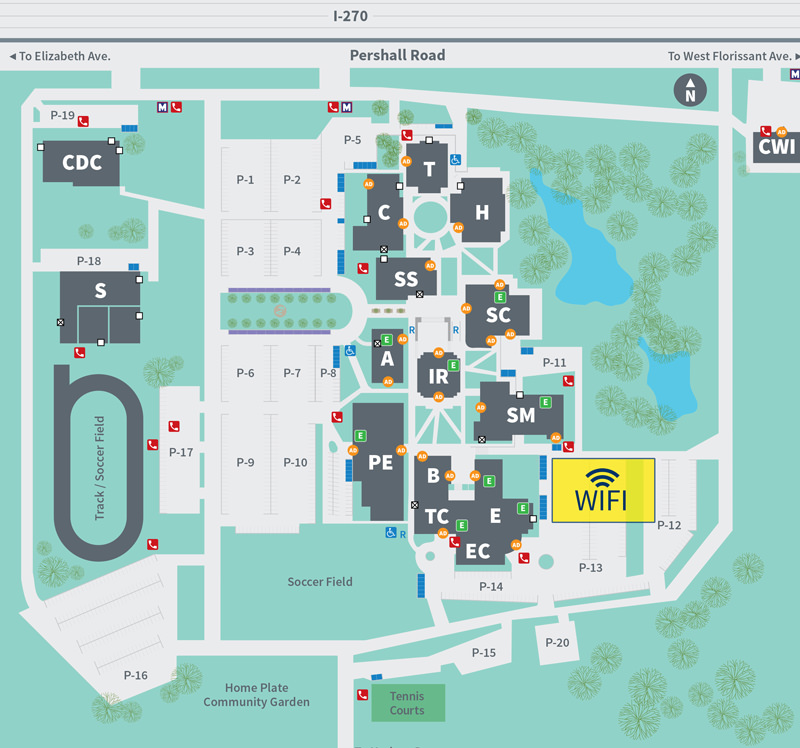 florissant valley free wifi campus map, the free wifi is located in the visitor parking lot to the east of the engineering building, in parking lot P-11