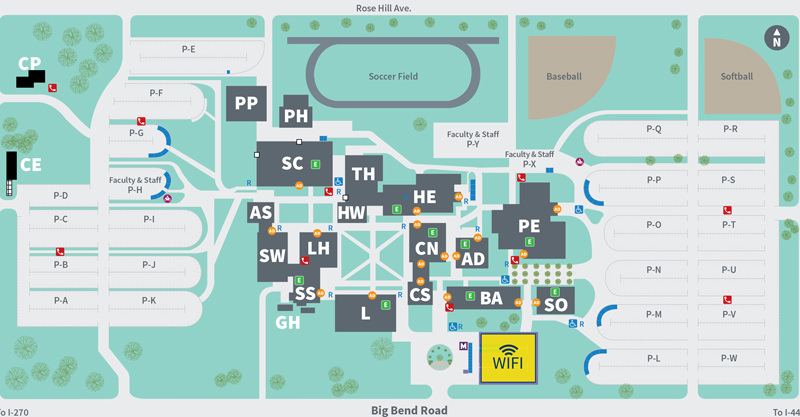 meramec free wifi campus map, the free wifi is located in the visitor parking lot to the right of the circle drive, in front of the business administration building