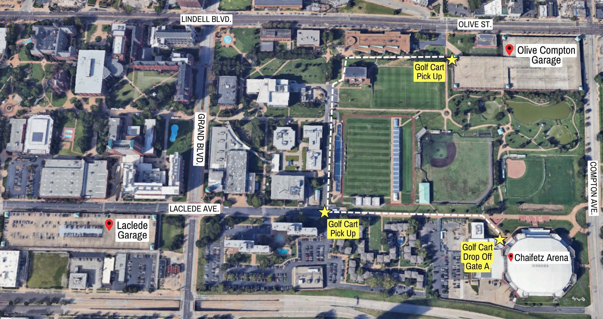 Larger map of golf cart pickup and drop-off locations near Chaifetz Arena. Golf cart pickups are shown at the Olive/Compton Garage near Olive Street and Compton Avenue and on Laclede Avenue. Golf cart drop-off is shown at Gate A of Chaifetz Arena. For assistance reading this map, please contact commencement@stlcc.edu .