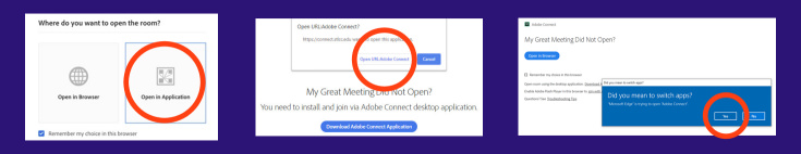 Illustration of the ways different browers ask if you want to use an Adobe Connect app.