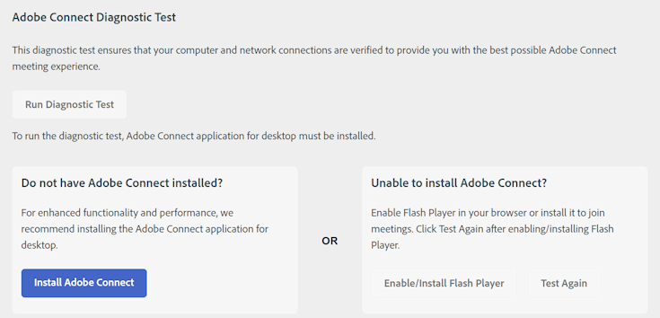 Illustration of the Adobe Connect diagnostic test screen.