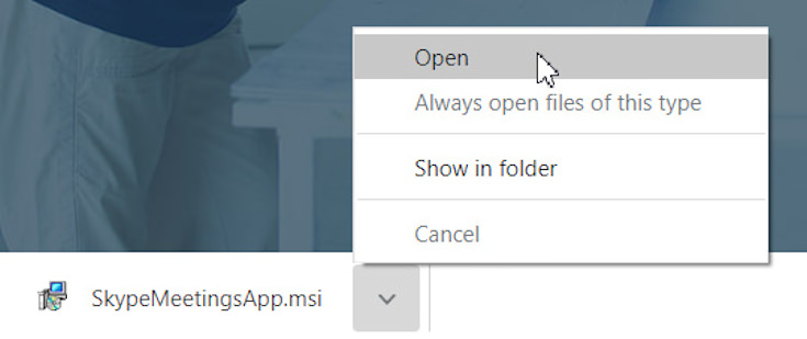 Screen shot showing how to open the Skype web app installer file.