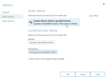 Screen shot of the audio options window.