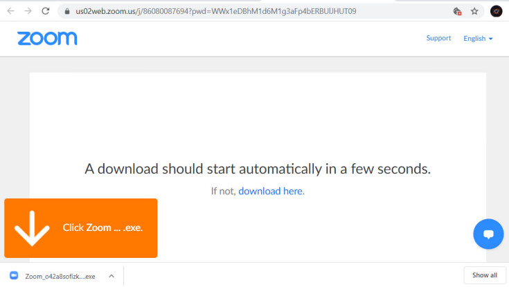 Screen capture of web browser downloading the Zoom web app.