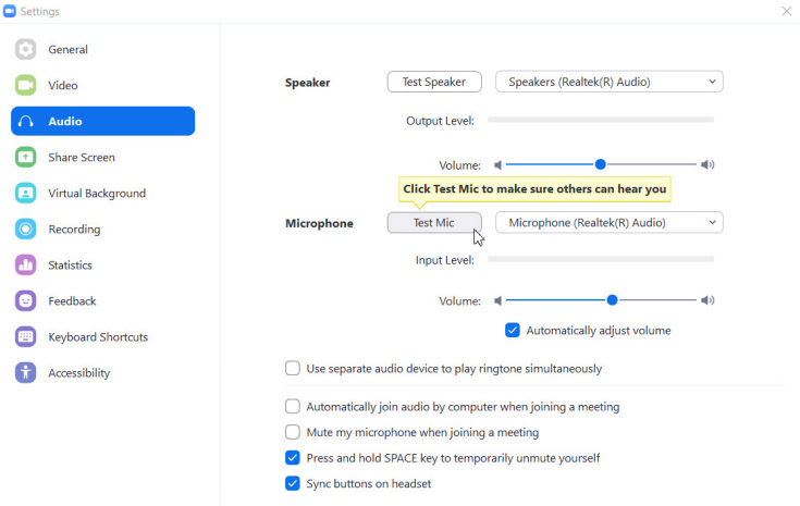 Screen capture of Zoom Audio Settings window showing microphone test button.