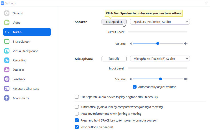 Screen capture of Zoom Audio Settings window showing speaker test button.