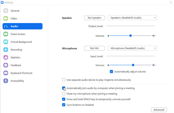 Screen capture of Zoom Settings window.