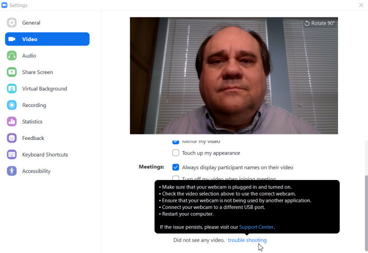 Screen capture of Zoom Video Settings window showing video troubleshooting recommendations.