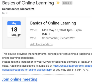 Sample online class meeting email showing "Join online meeting" link.