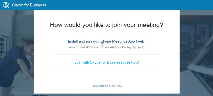 Screen shot showing the option to join the meeting using the "Skype Meetings App (web)" link.
