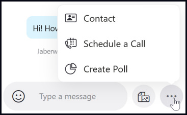 Screen capture showing Create poll option from the More icon at the bottom of the Chat sidebar.