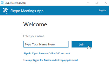 Screen shot of the Skype Meetings App Welcome screen where you enter your name and click the "Join" button.