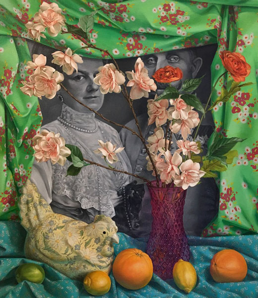 artist image of a couple in a picture fram draped with green patterned cloth and various items in front of the frame