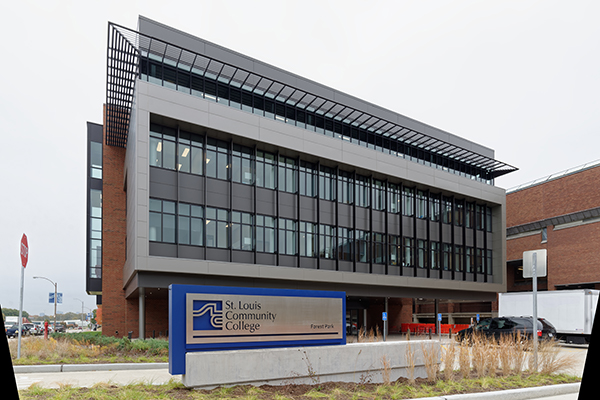 External photo of the front of the Center for Nursing and health sciences