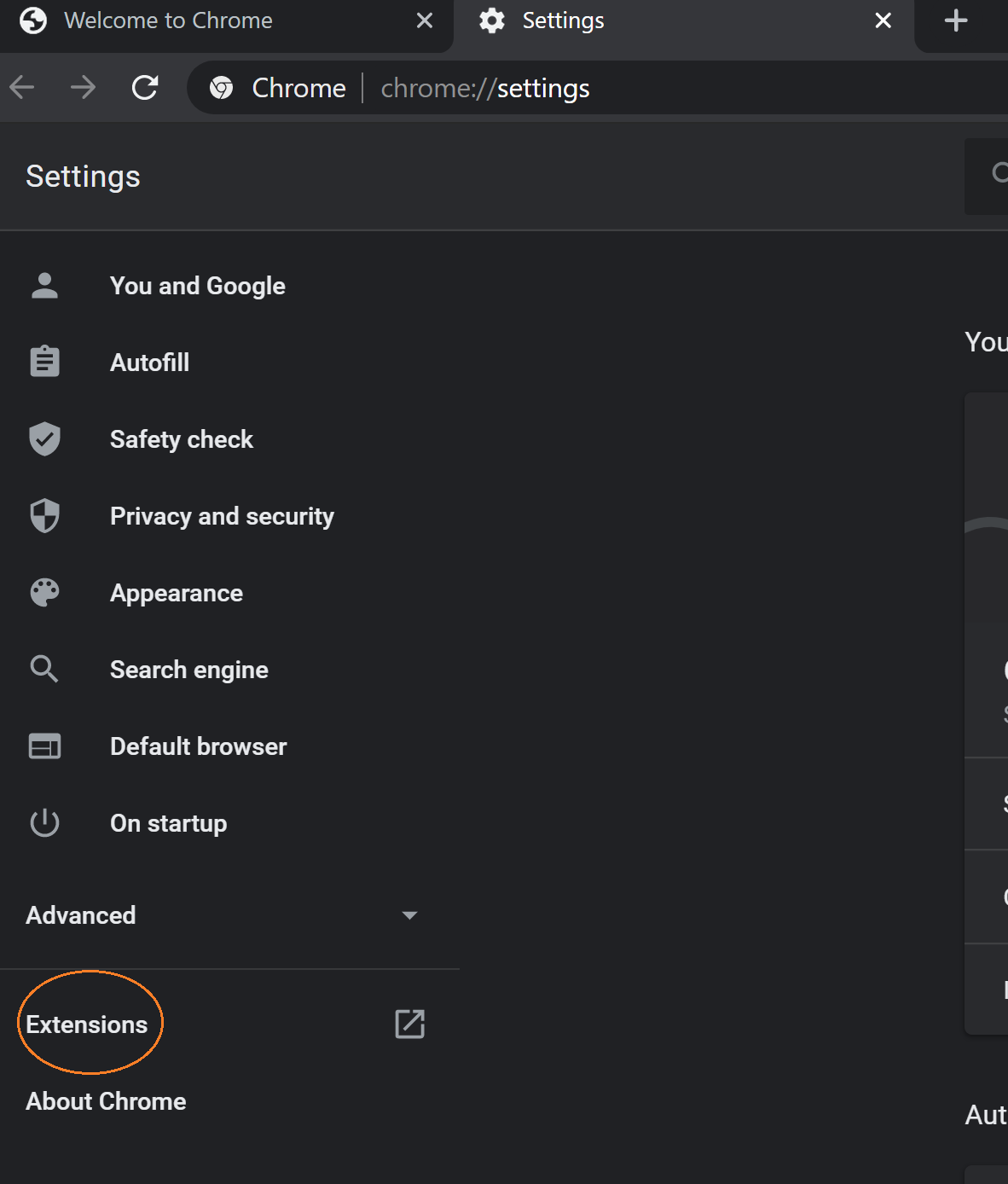 Chrome settings menu with extentions highlighted