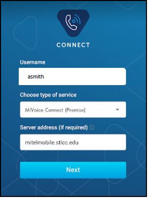 Mitel Connect app login screen