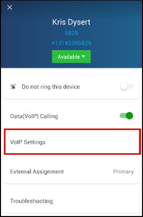 Mitel Connect app settings screen