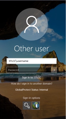 Username equals stlcc\username. Example: stlcc\jdoe24