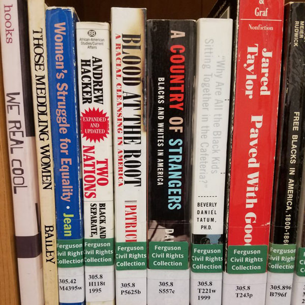 A snapshot of books cataloged for the Ferguson Civil Rights Reading Room in the library at STLCC-Florissant Valley