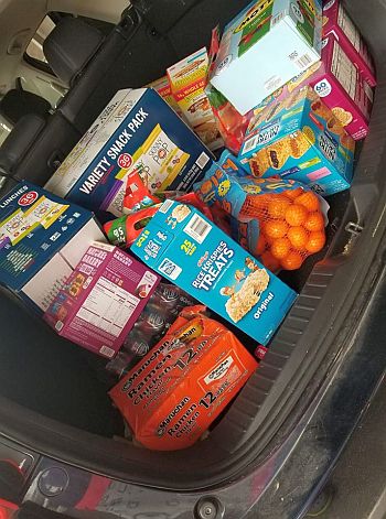 A trunk of a car full of food and treats