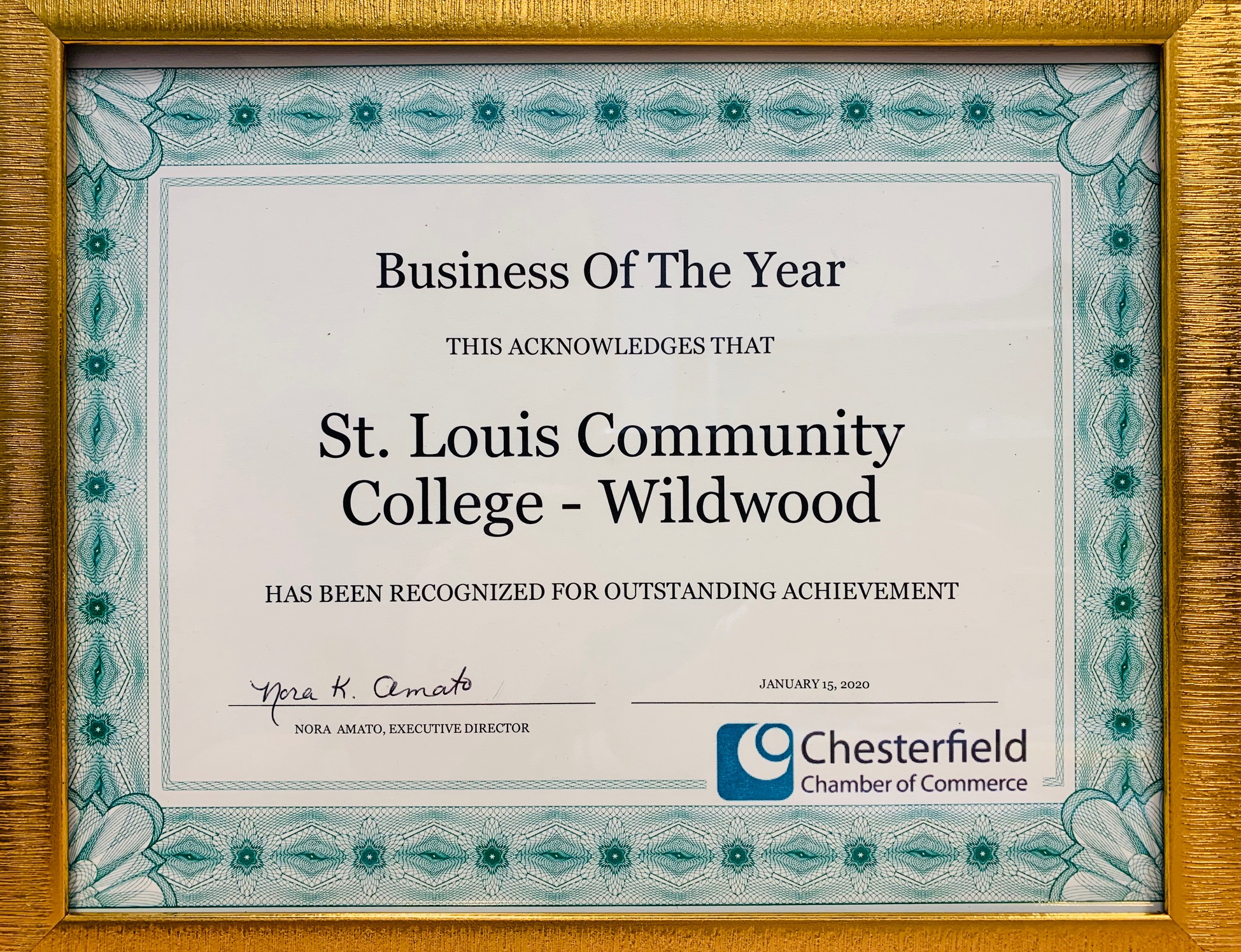 Chesterfield Chamber award certificate