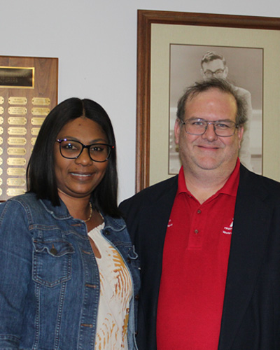 From left to right, Rokhaya “Daba” N. Ndao, Ph.D., is lauded by her supervisor, Tom McGovern, dean of science, technology, engineering, and mathematics. Ndao’s name will display on a plaque with fellow recipients of the David L. Underwood Memorial Lecture Award.