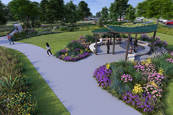 Rendering of a planned pavilion and landscaped gathering area in the Garden Classroom