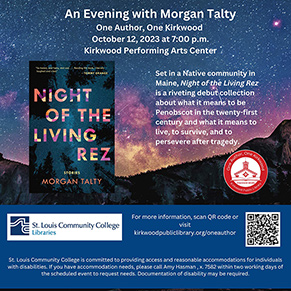 One Author One Kirkwood image for an Evening with Morgan Talty at Kirkwood Performing Arts Center, October 12, 2023 at 7 p.m.