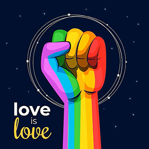 Raised rainbow fist on a starry blue background with the script love is love