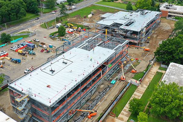 Aerial view of building progress