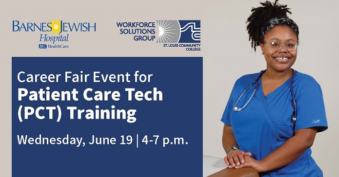 Click image to register for event Black female PCT student with hands folded next to event details: Career Fair Event for PCT Training, Wednesday, June 19 from 4-7 p.m.